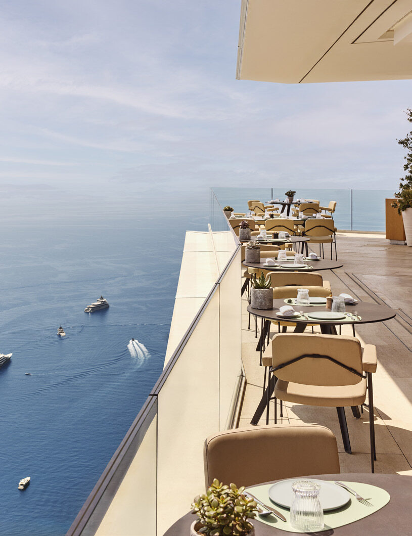 Terrace dining at abc kitchens Riviera, The Maybourne Riviera, with panoramic views over the Mediterranean Sea