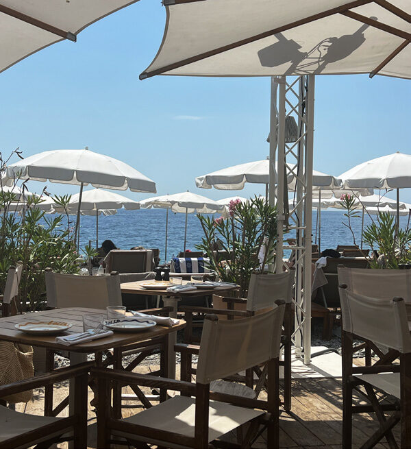 Beachside terrace at Bocca Mar, Nice, with white parasols and views over the Mediterranean