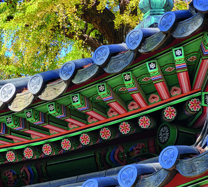 Colourful dancheong patterns decorating the roof of a Korean royal palace or Buddhist temple